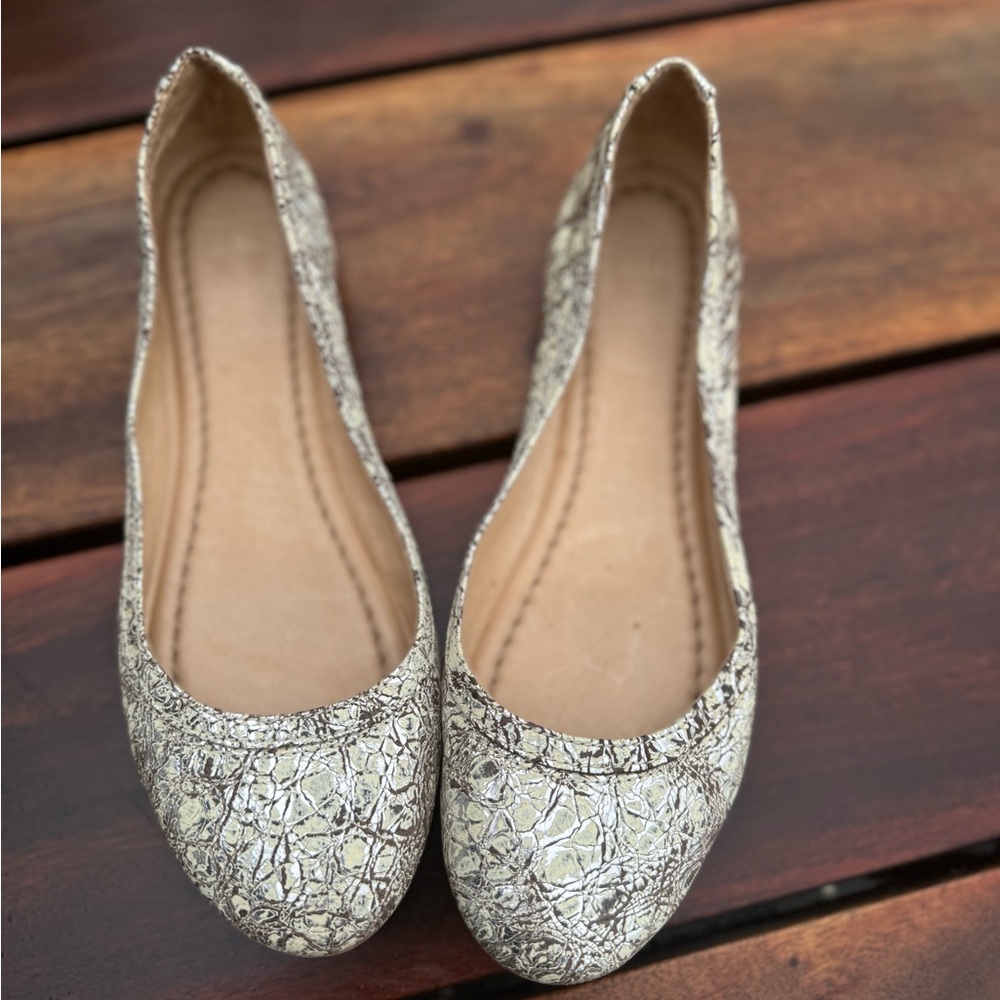 Frye Carson Ballet Flats Shoes Silver Beige Leather Slip On Women’s Size 6M Fire